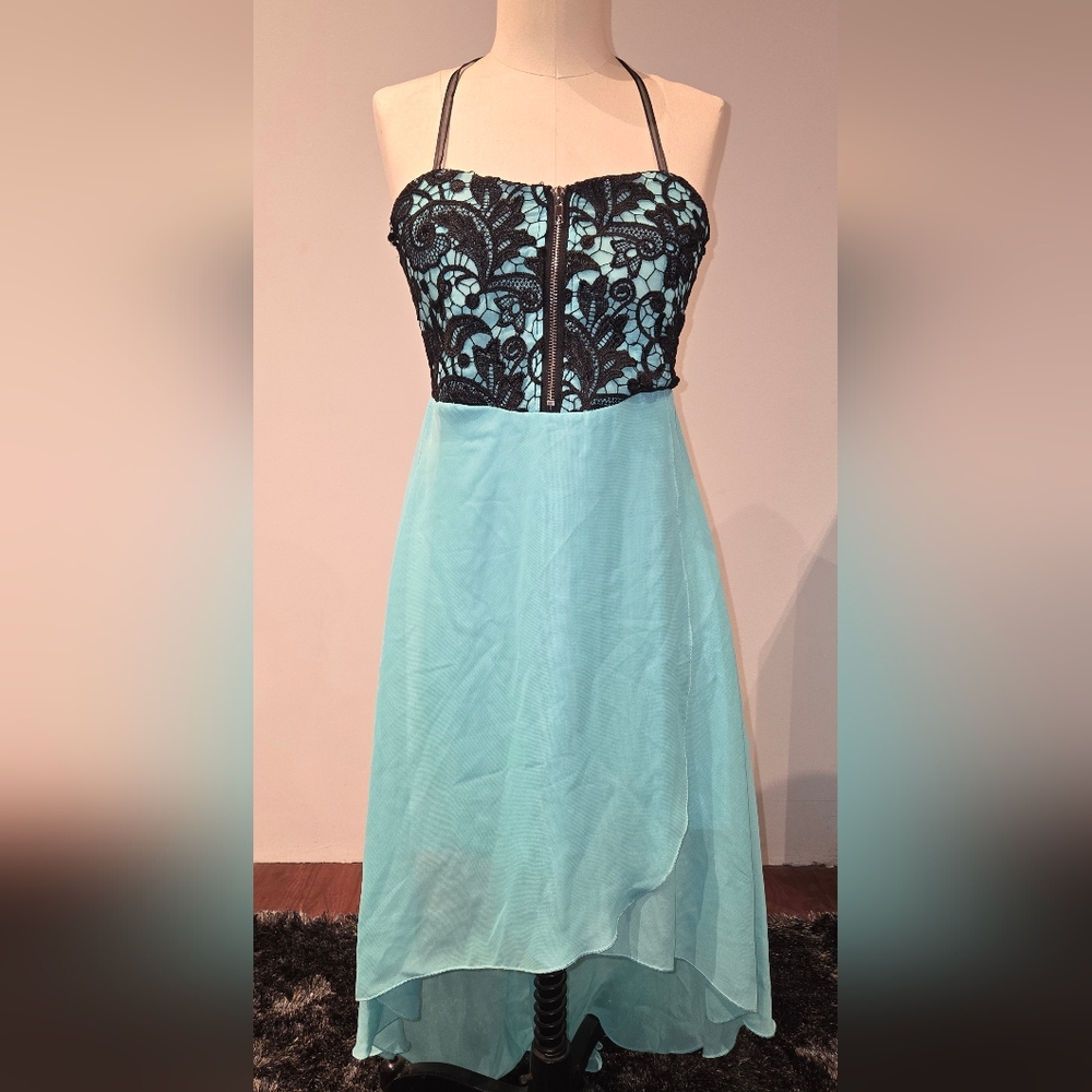 Strapless Black Lace Bodice Aqua High-Low Dress